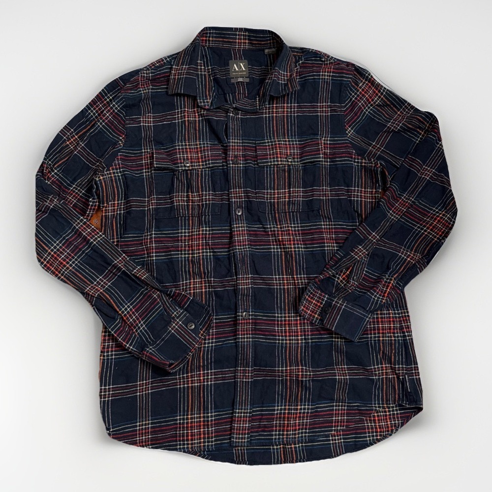 Armani Exchange Navy Flannel Multicolored Stripe Men's Button Down Size Large